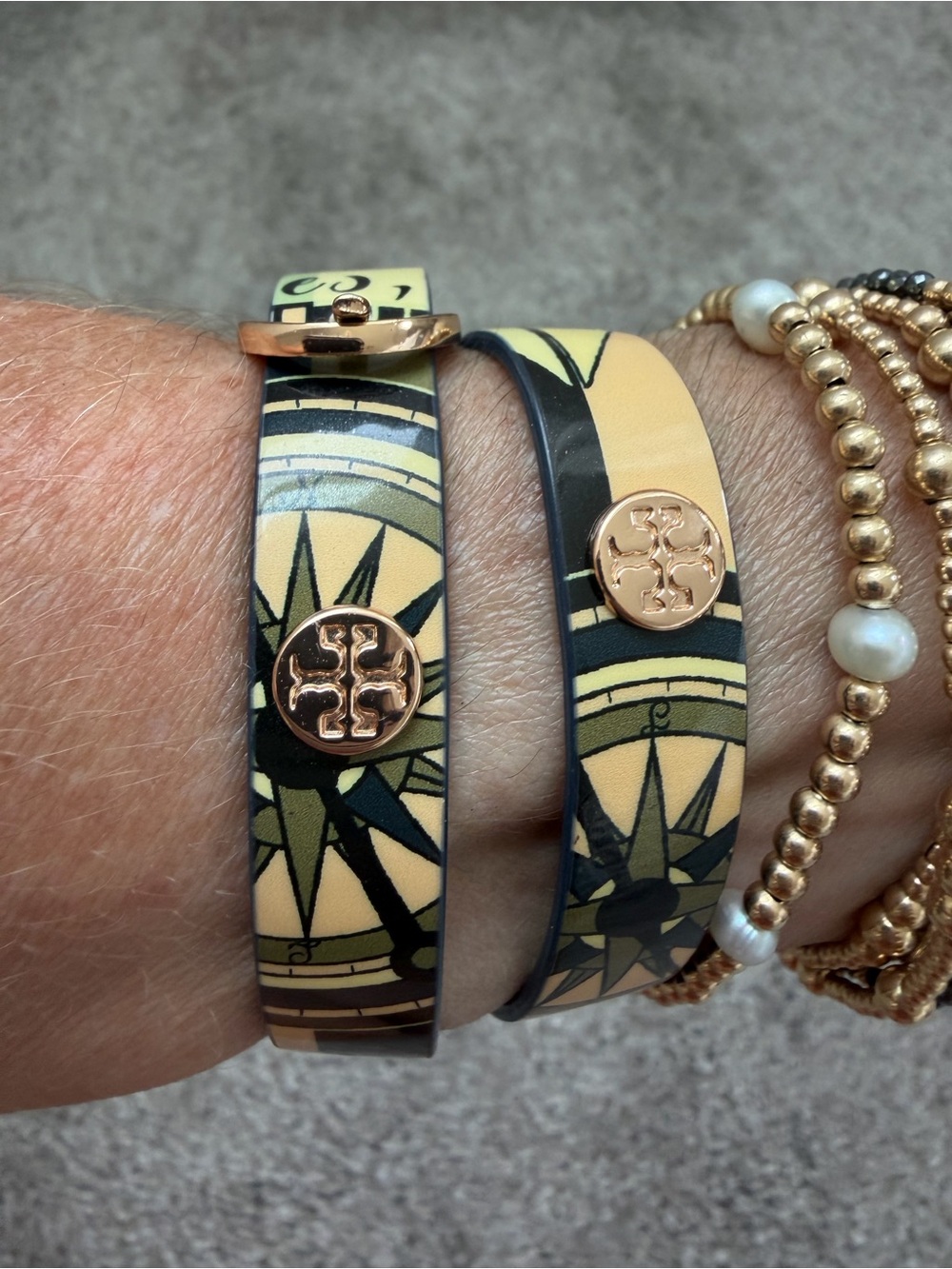 Tory Burch Compass Print Enamel Wrap Bracelet in Yellow and Black with Gold Logo